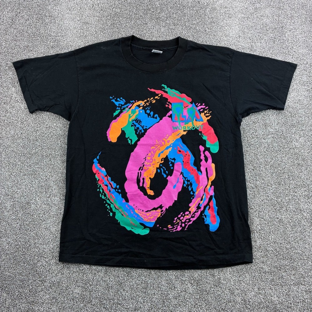 Vintage LA Workout Shirt Mens 2XL Black Cotton Neon Graphic USA Made